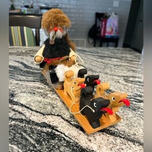 Vintage Handmade Wooden Dog Sled with Four Dogs Smoker